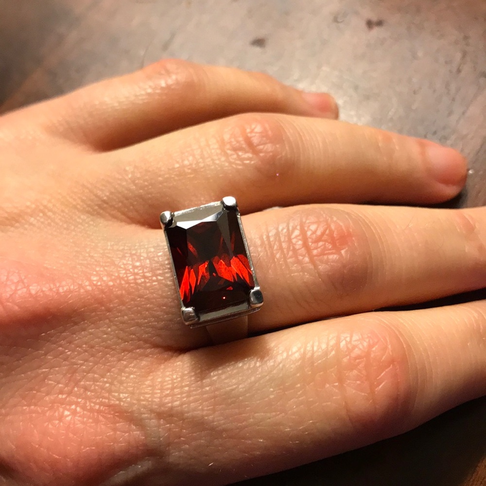 Simulated garnet sterling silver ring